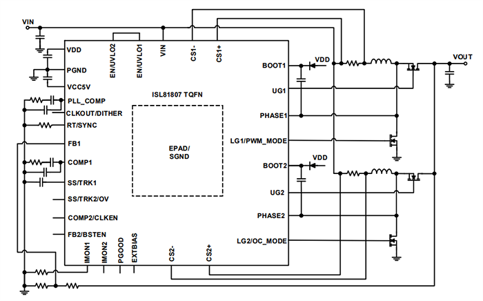应用电路图 - Renesas Electronics ISL81807 80V双路同步升压控制器
